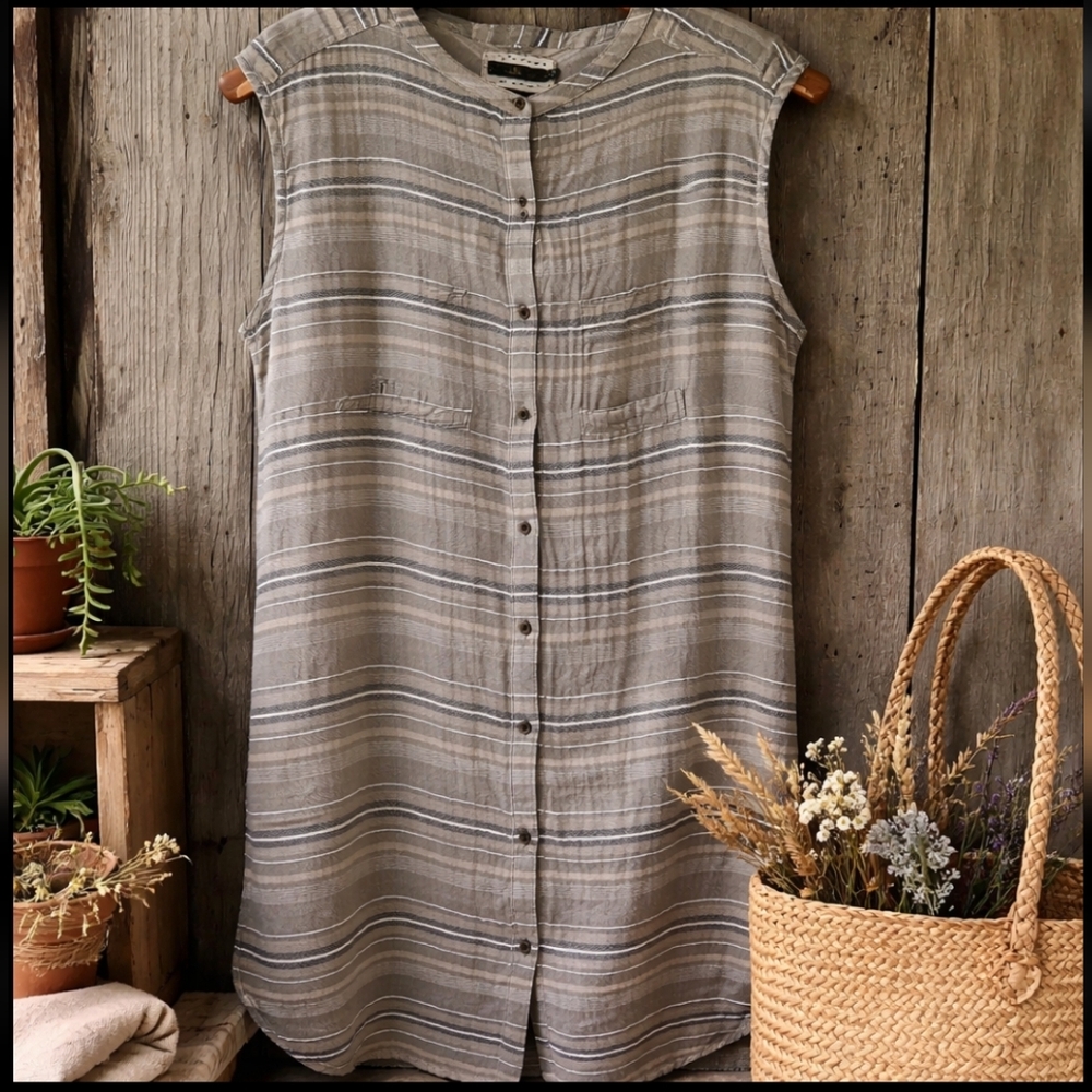 prAna Gauze Tunic Dress XL Boho Stripe Button Organic Natural Buenos Dias